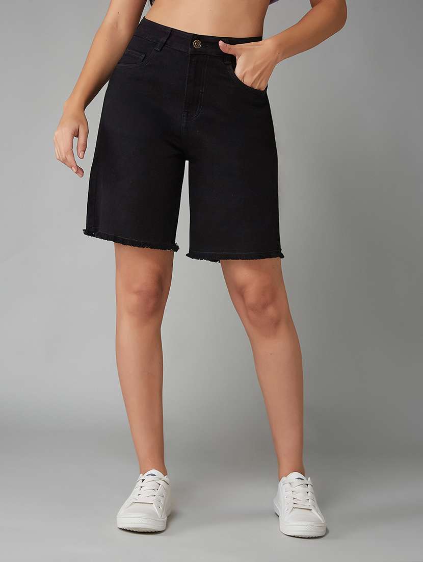 women solid high rise denim shorts