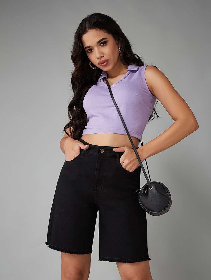 women solid high rise denim shorts - 22402399 -  Standard Image - 4