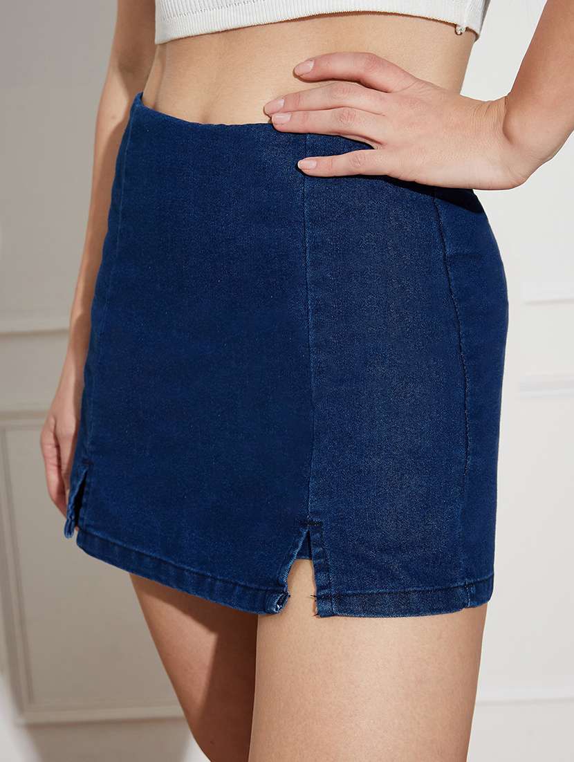 women solid high rise denim skorts - 22402402 -  Standard Image - 1