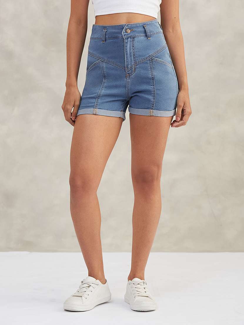 women solid high rise denim shorts