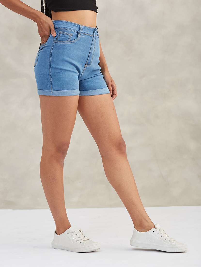 women solid high rise denim shorts