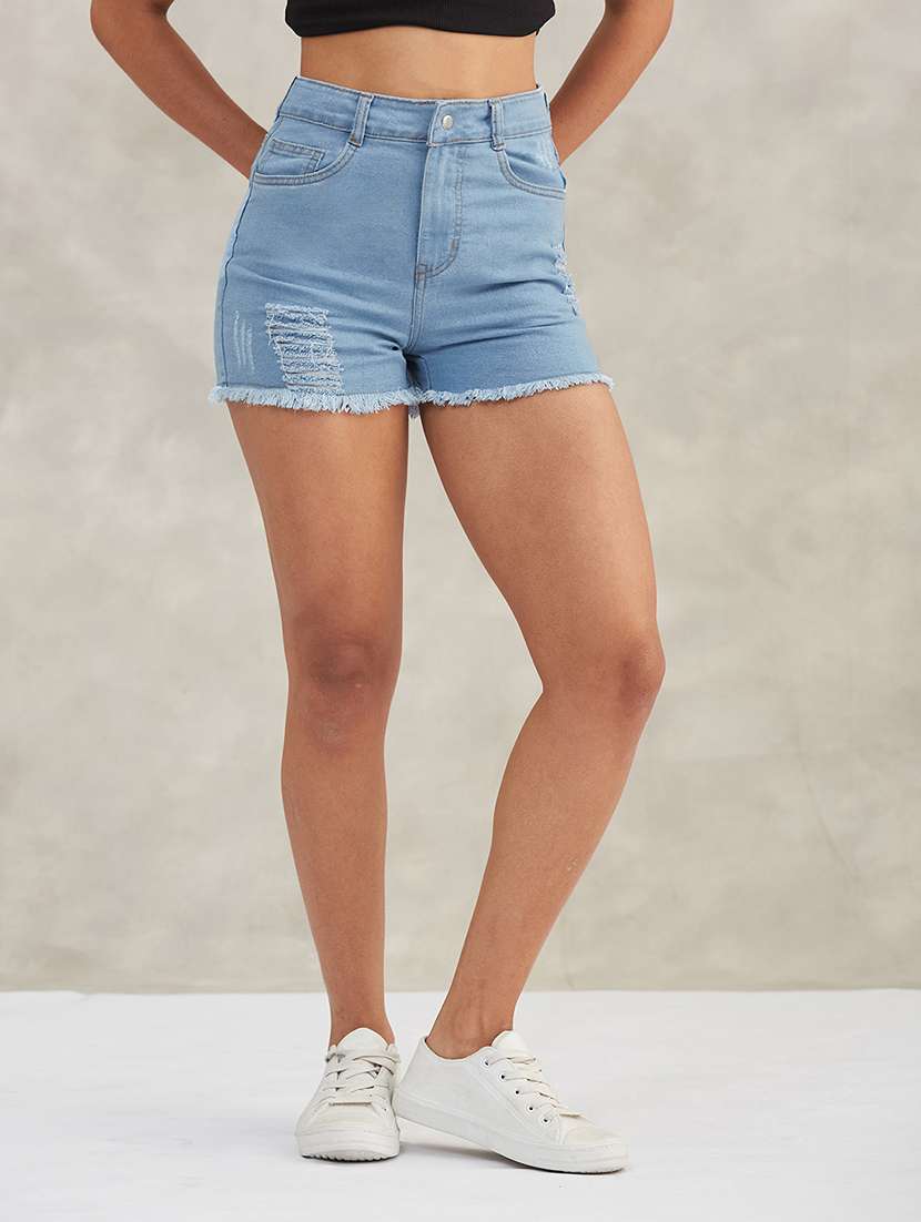 women solid high rise denim shorts