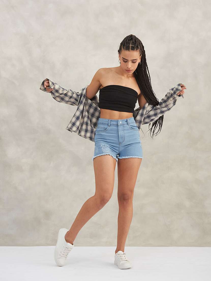 Women Solid High Rise Denim Shorts - 22402418 -  Standard Image - 4