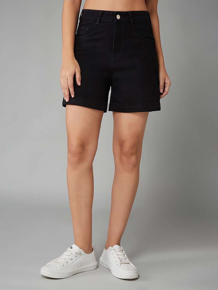 women solid high rise denim shorts