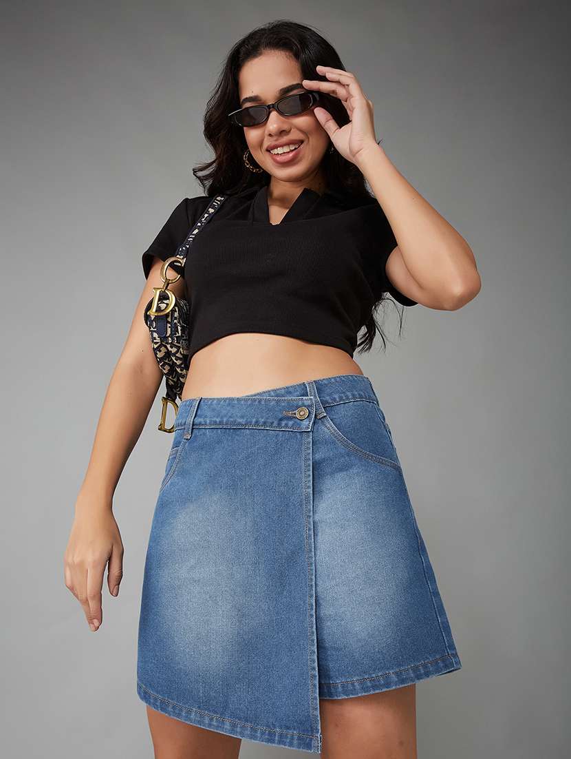 women solid high rise denim skorts - 22402448 -  Standard Image - 1