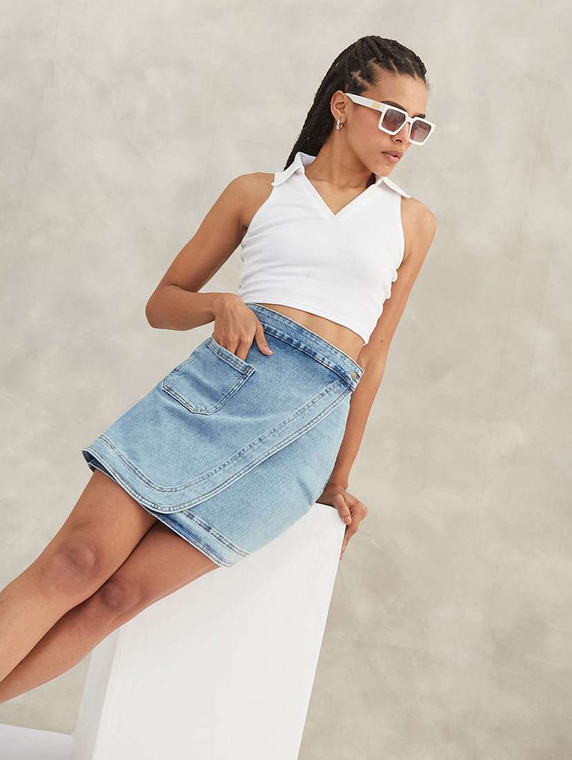 women solid high rise denim wrap skirt - 22402477 -  Standard Image - 4