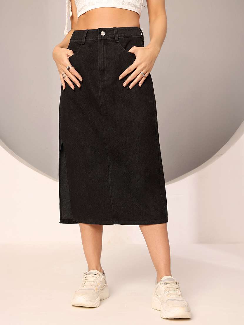 women solid high rise straight skirt