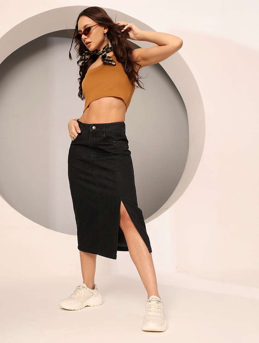 women solid high rise denim straight skirt - 22402496 -  Standard Image - 4