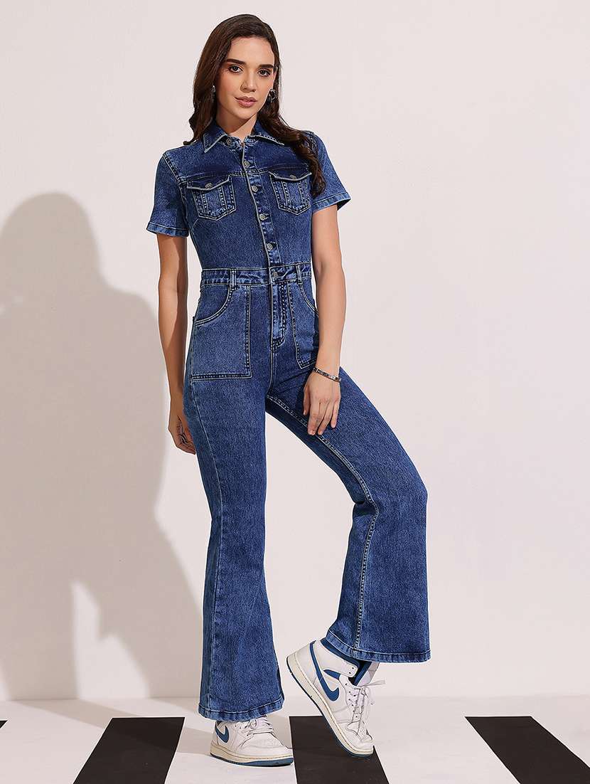 women solid short sleeve denim jumpsuit