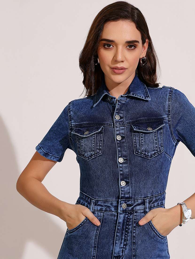 women solid short sleeve denim jumpsuit - 22402519 -  Standard Image - 1