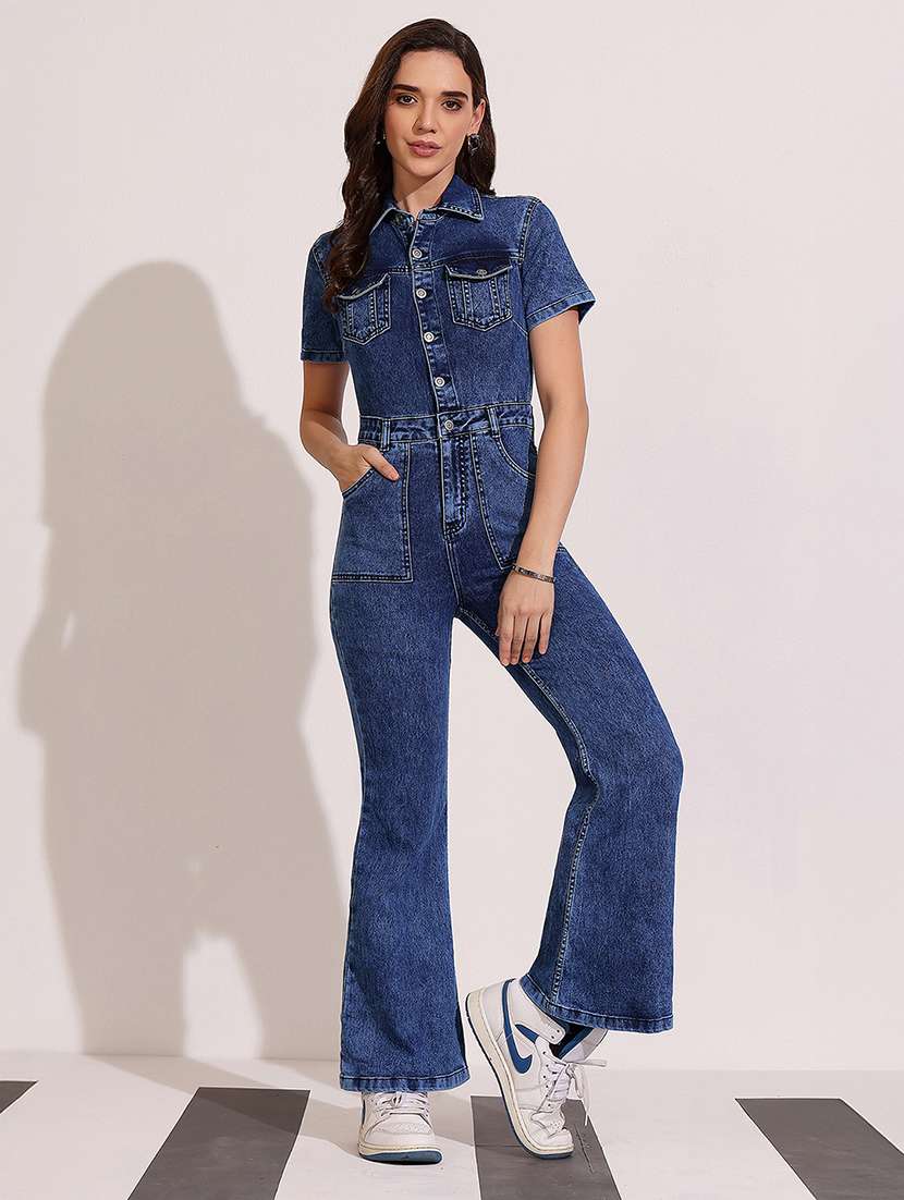 women solid short sleeve denim jumpsuit - 22402519 -  Standard Image - 4
