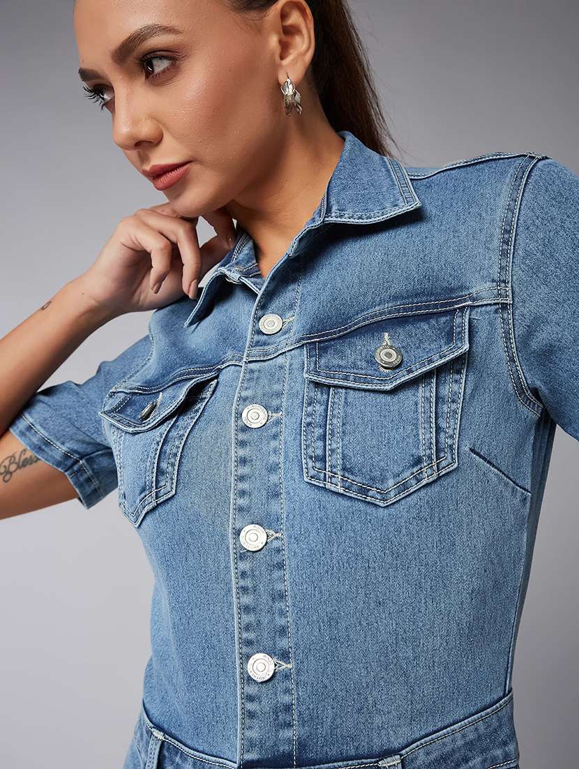 women solid short sleeve denim jumpsuit - 22402522 -  Standard Image - 1
