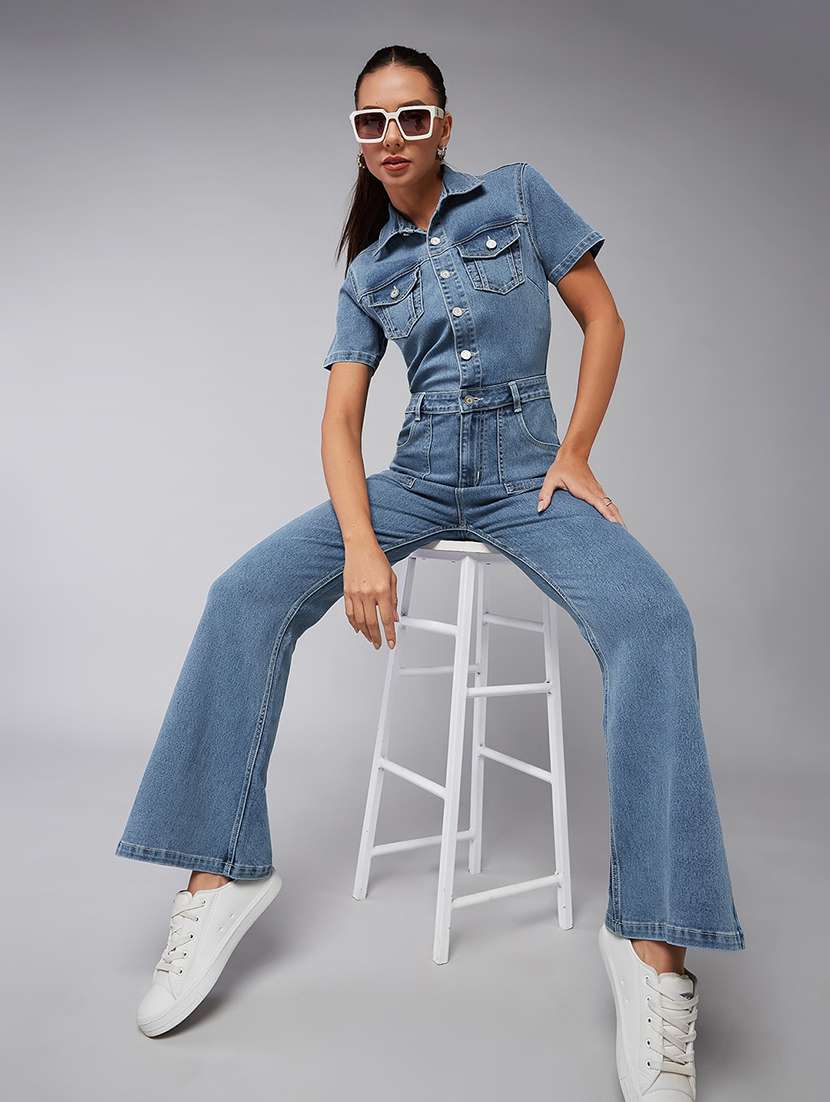 women solid short sleeve denim jumpsuit - 22402522 -  Standard Image - 4