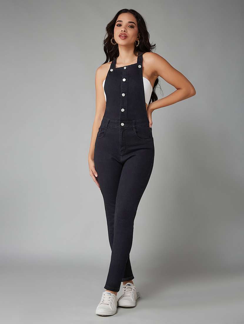 women solid shoulder strap dungaree