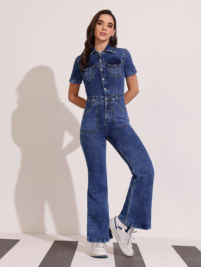 women solid short sleeve denim jumpsuit - 22402525 -  Standard Image - 4