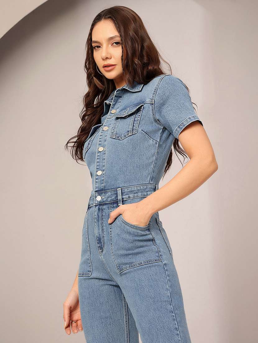 women solid short sleeve denim jumpsuit - 22402526 -  Standard Image - 1