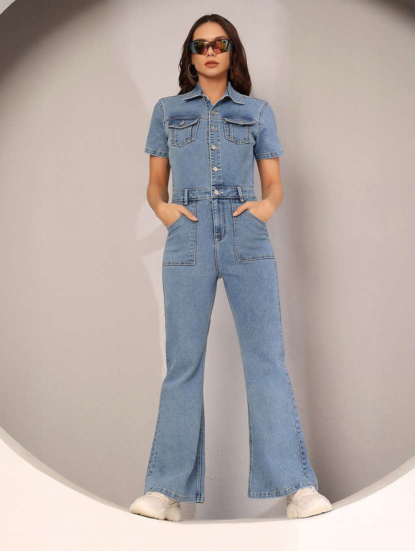 women solid short sleeve denim jumpsuit - 22402526 -  Standard Image - 4
