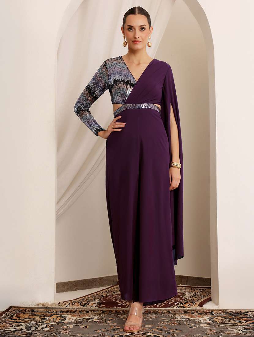 women sequined cape sleeve fusion jumpsuit 
