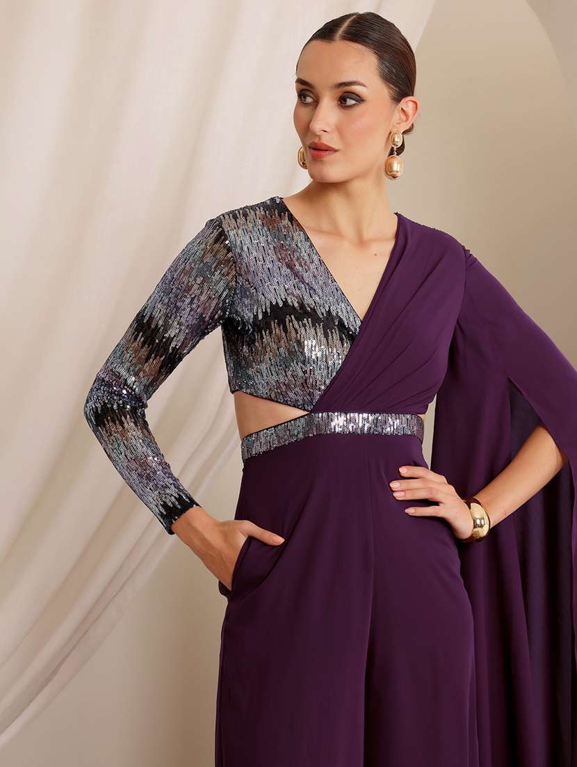 Women Sequined Cape Sleeve Fusion Jumpsuit - 22402529 -  Standard Image - 1