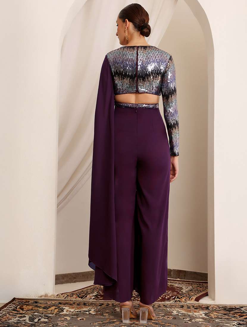 Women Sequined Cape Sleeve Fusion Jumpsuit - 22402529 -  Standard Image - 4