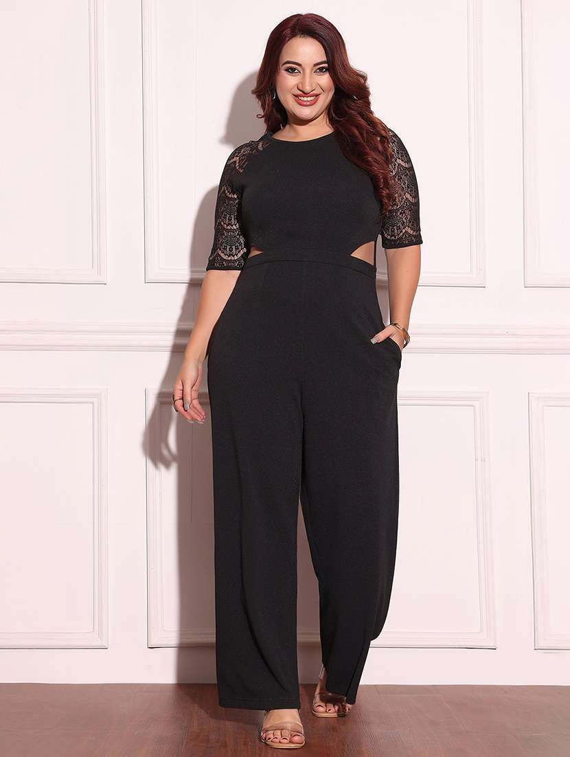 women solid short sleeve lace jumpsuit