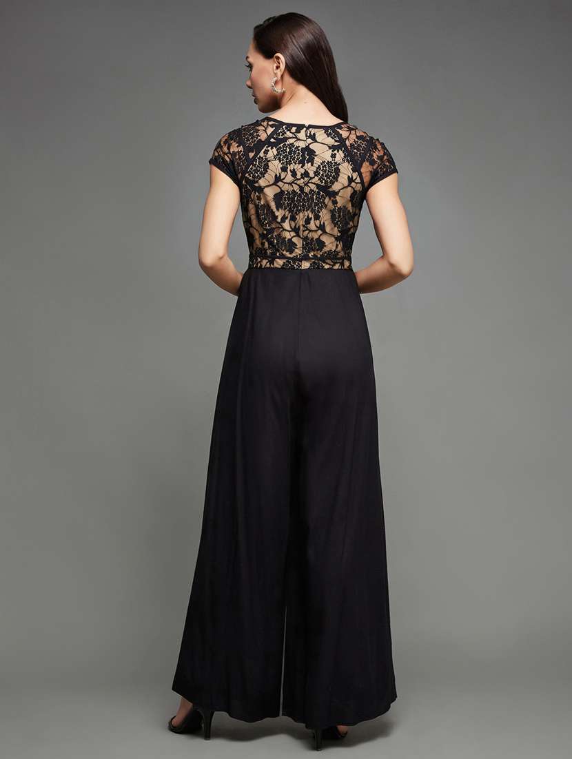 women solid short sleeve lace flared jumpsuit - 22402563 -  Standard Image - 4