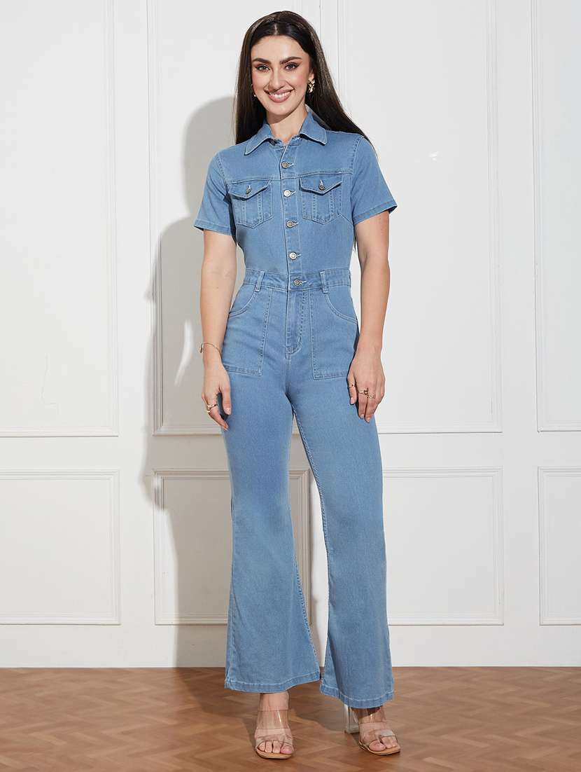 women solid short sleeve denim jumpsuit - 22402565 -  Standard Image - 1