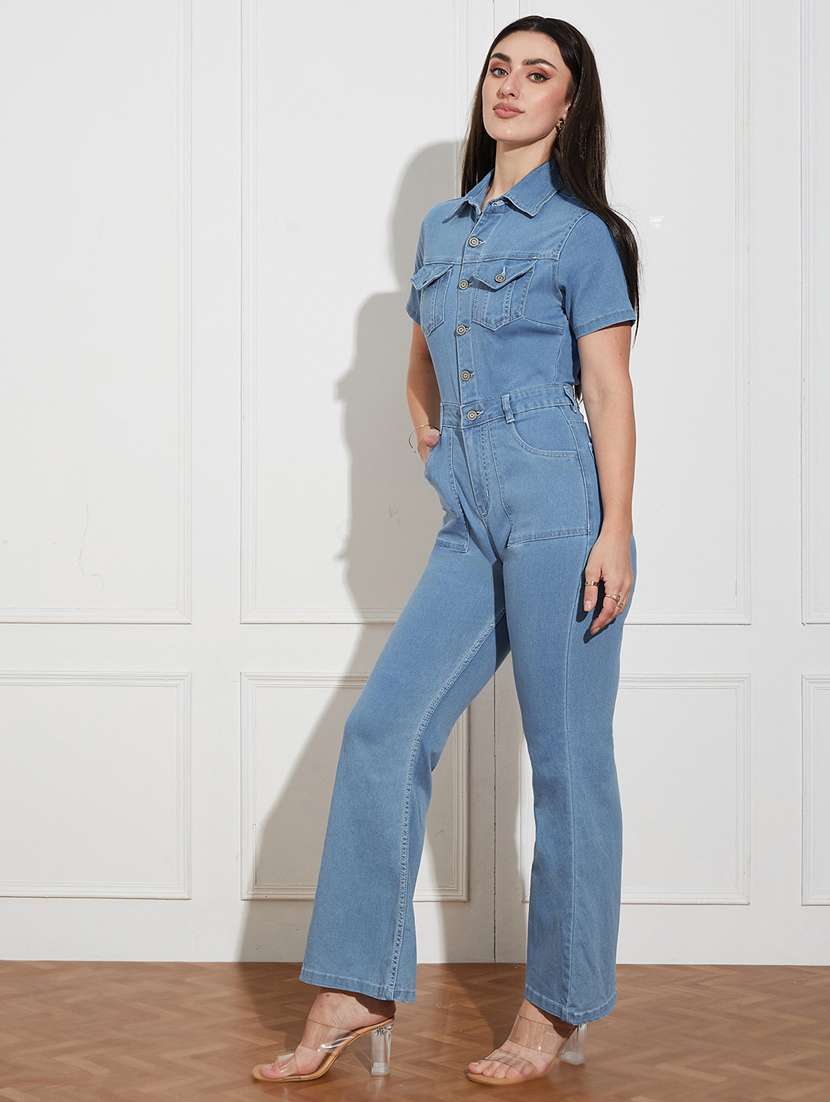 women solid short sleeve denim jumpsuit - 22402565 -  Standard Image - 4