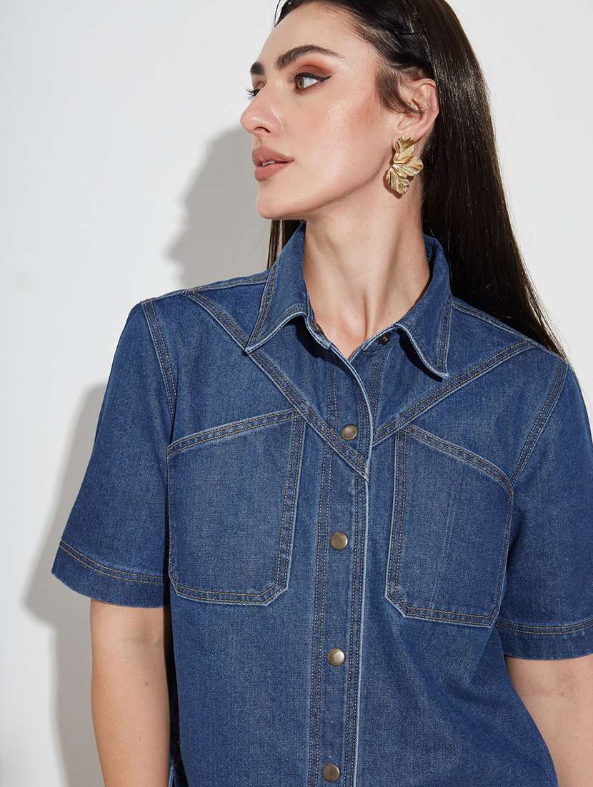 women solid collared short sleeve denim shirt - 22402570 -  Standard Image - 1