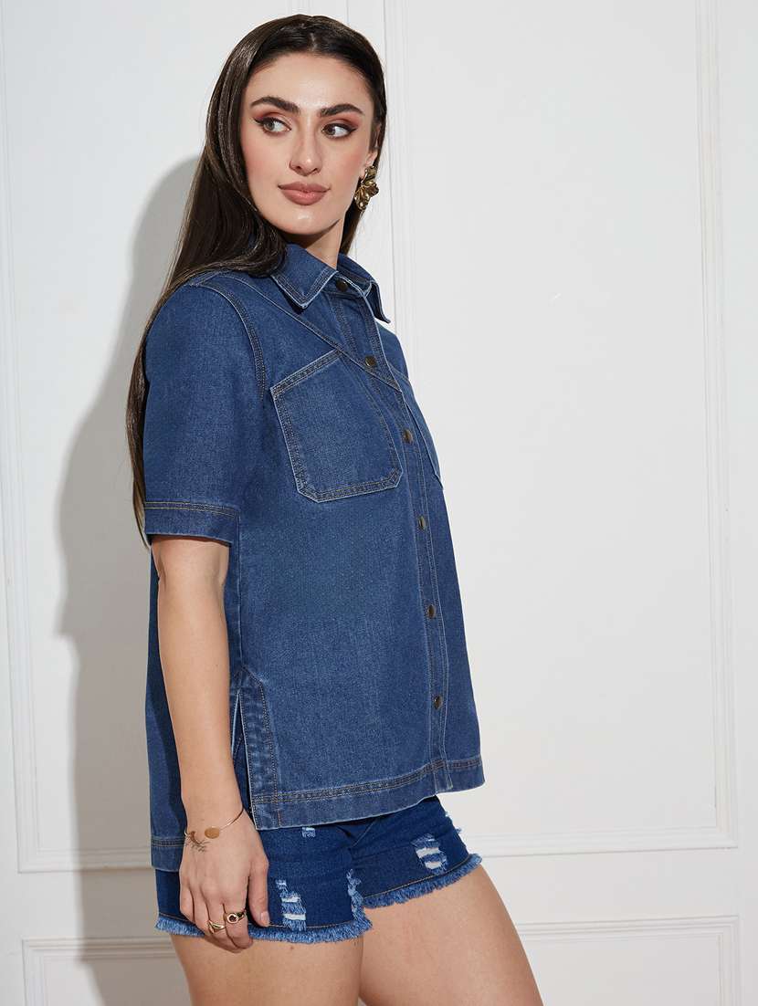 women solid collared short sleeve denim shirt - 22402570 -  Standard Image - 4