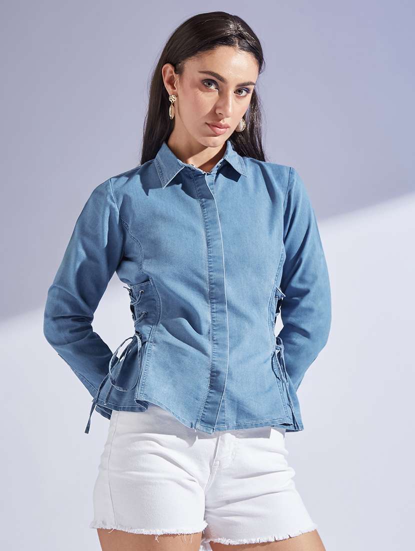 blue denim shirt with tie-up detail