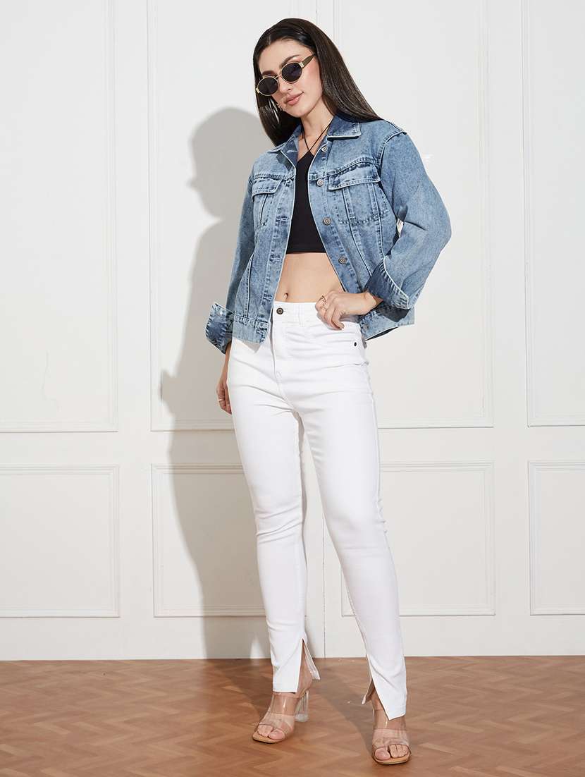 women solid collared long sleeve denim jacket - 22402585 -  Standard Image - 4