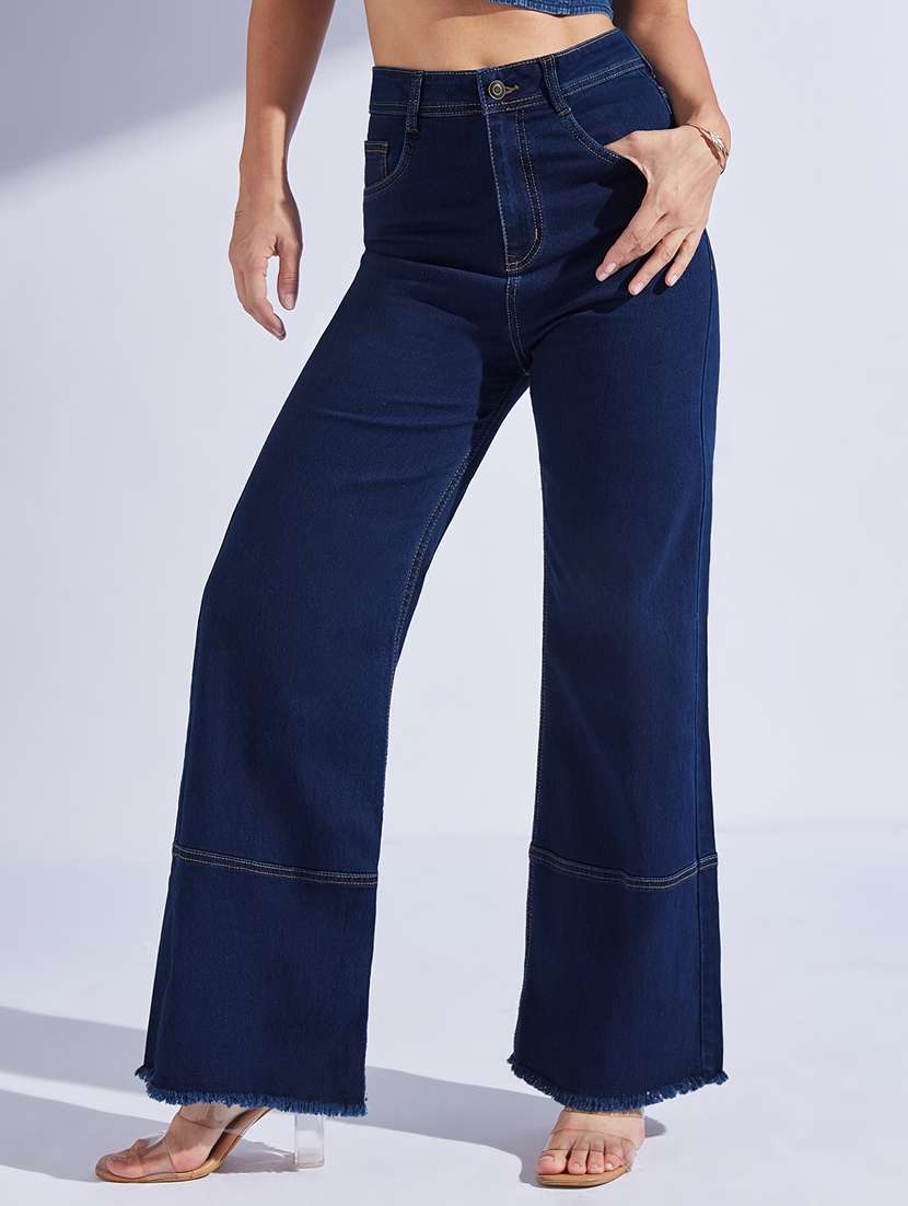 women solid high rise wide leg jeans