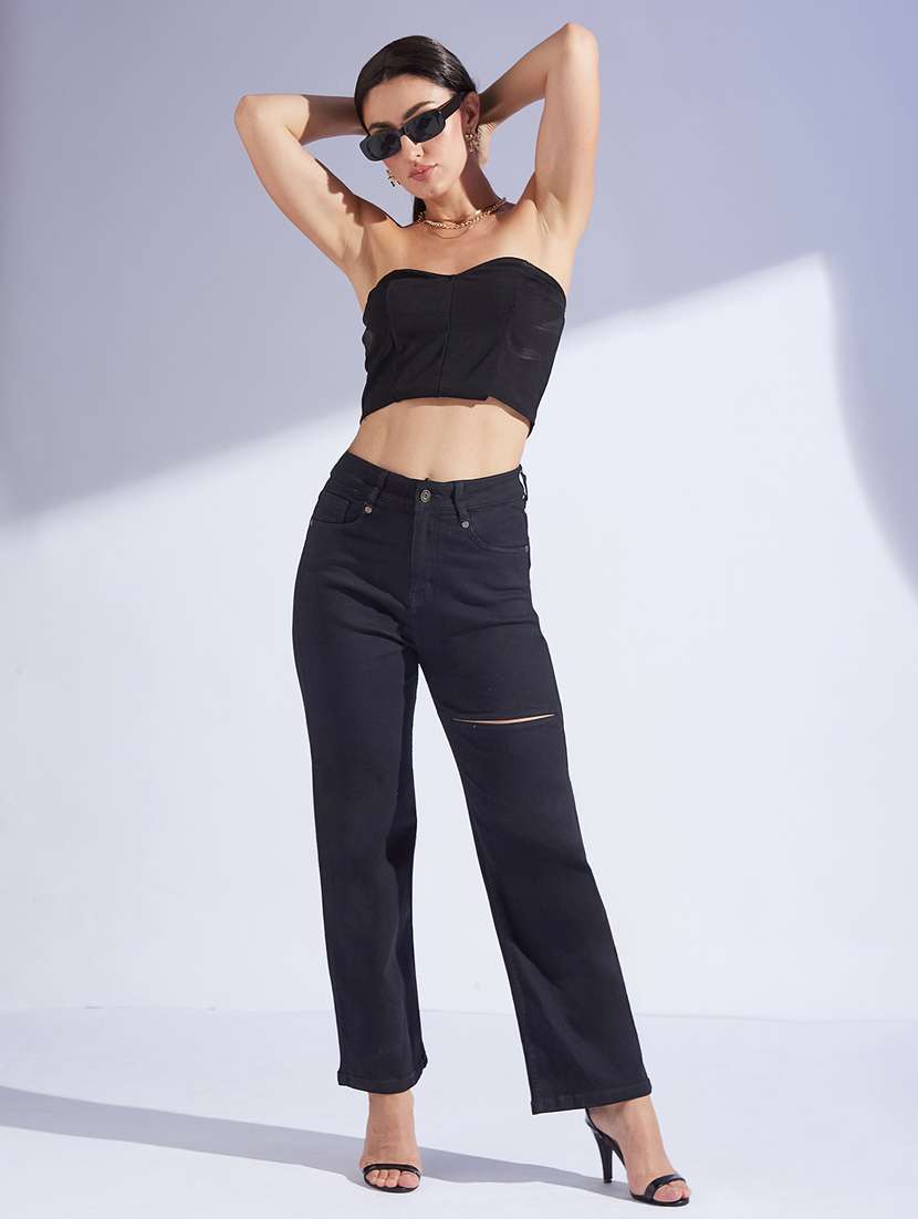 women slash knee high rise straight jeans - 22402595 -  Standard Image - 4