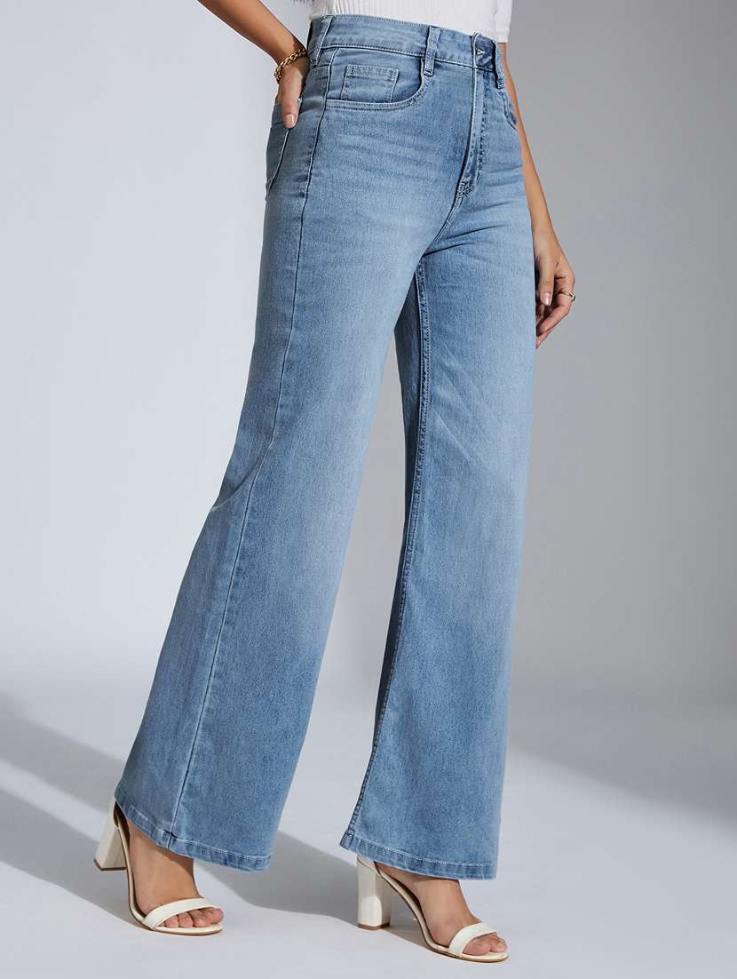 women solid high rise wide leg jeans