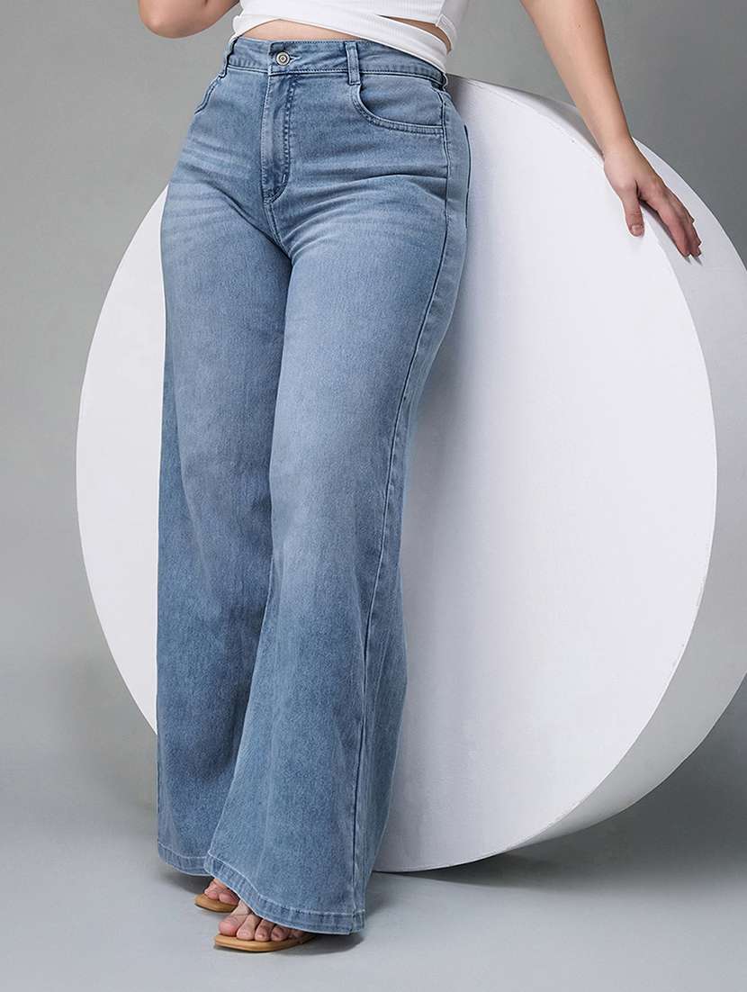 women solid high rise wide leg jeans