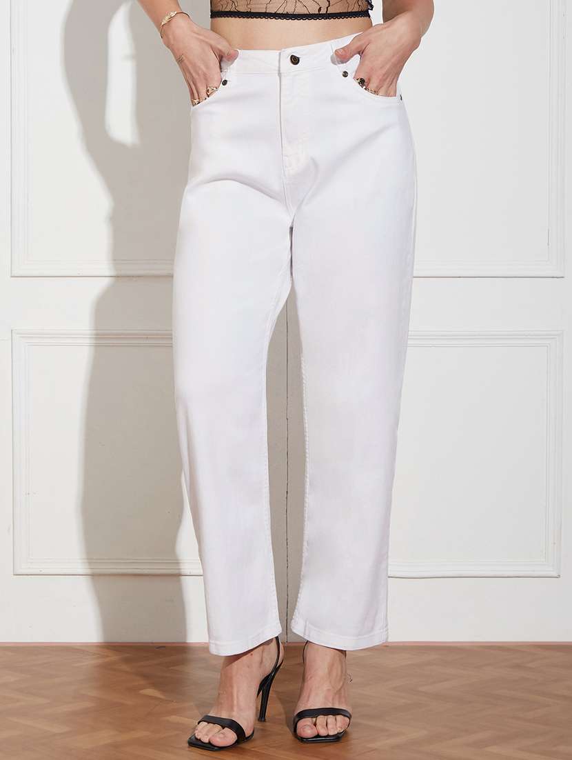 women solid high rise straight jeans