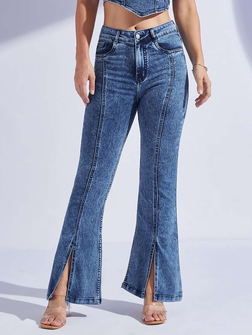 women solid high rise bootcut jeans