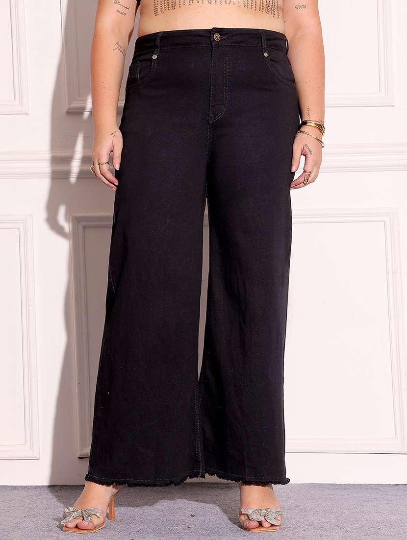 women solid high rise wide leg jeans