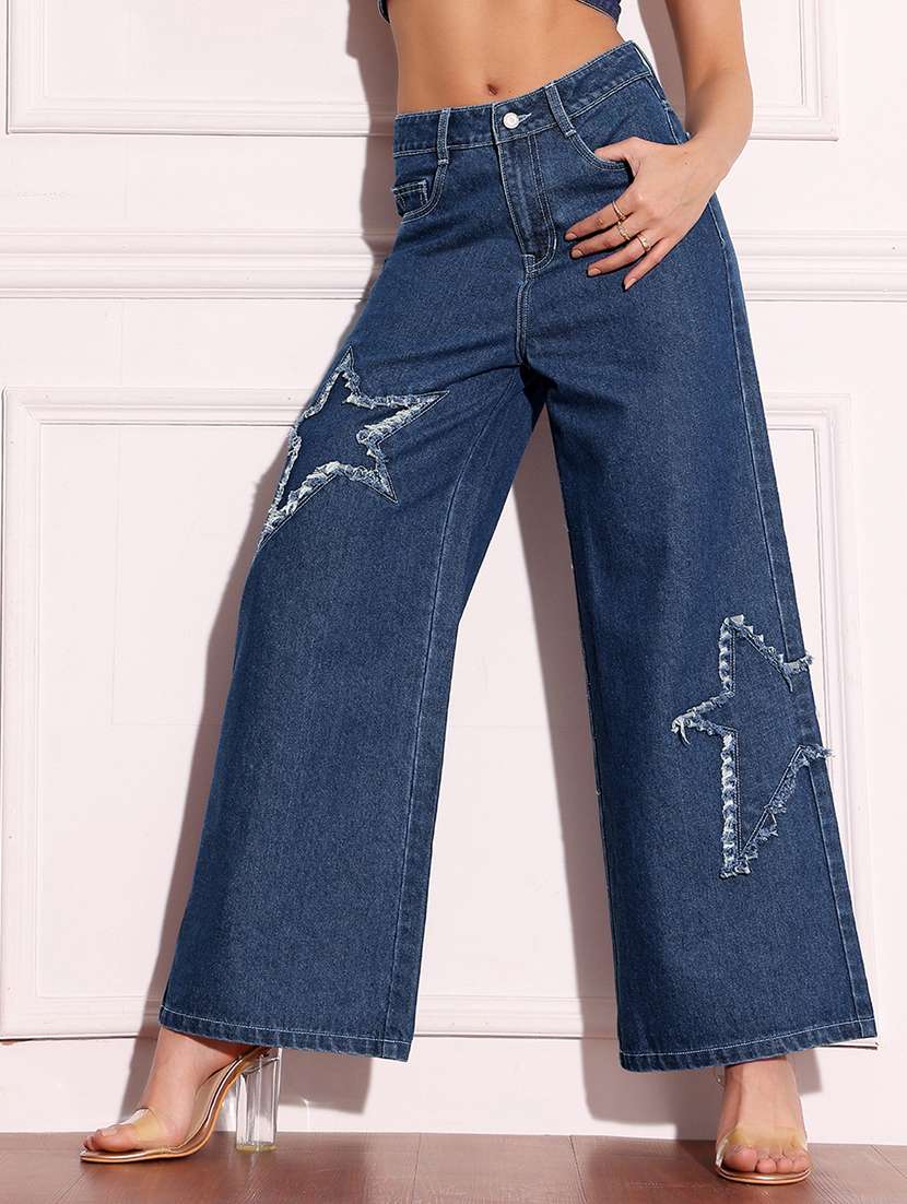 women patched high rise wide leg jeans
