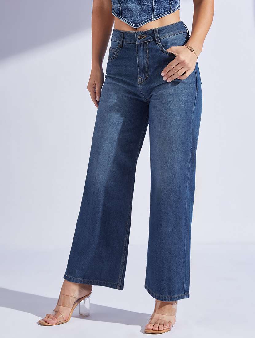 women solid high rise wide leg jeans