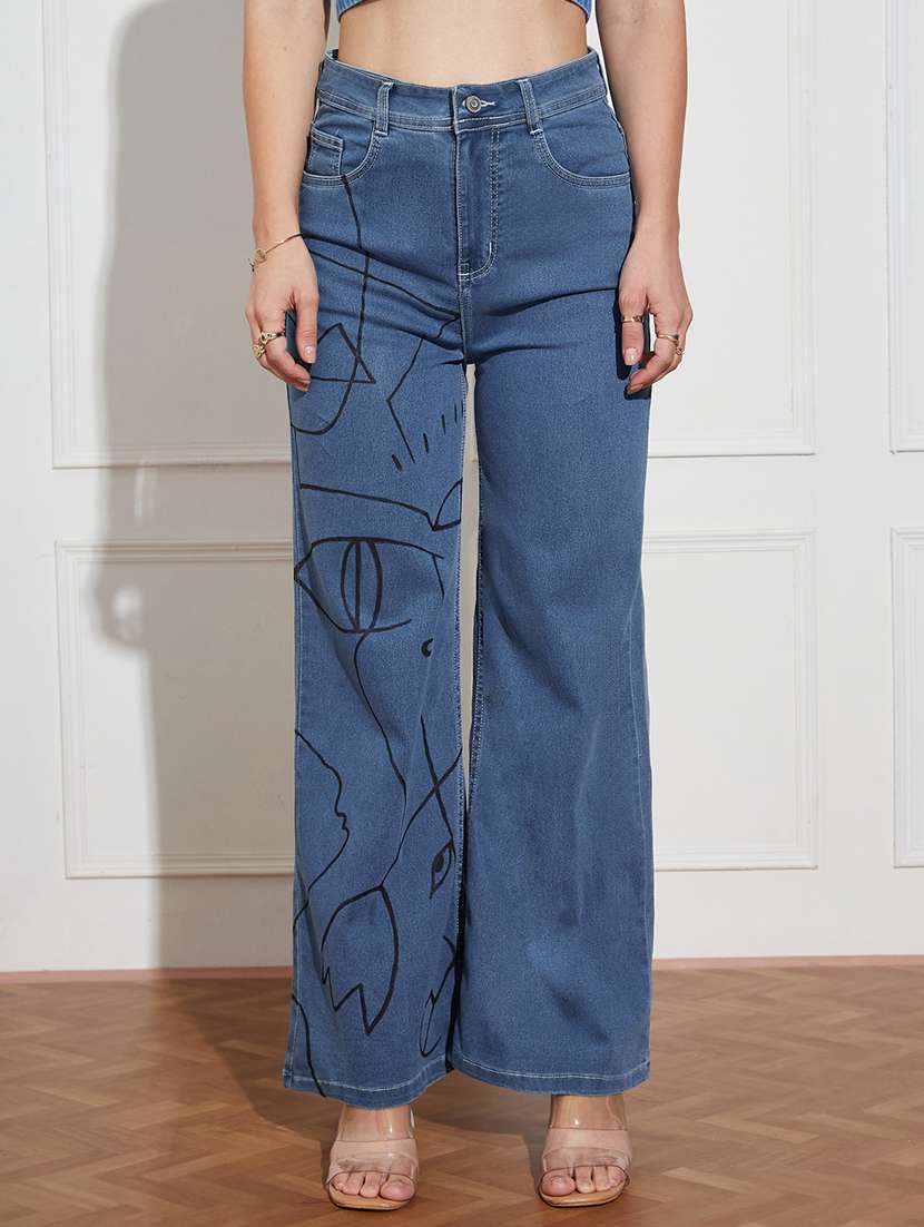women printed high rise wide leg jeans