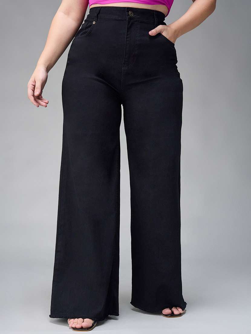 women solid high rise wide leg jeans