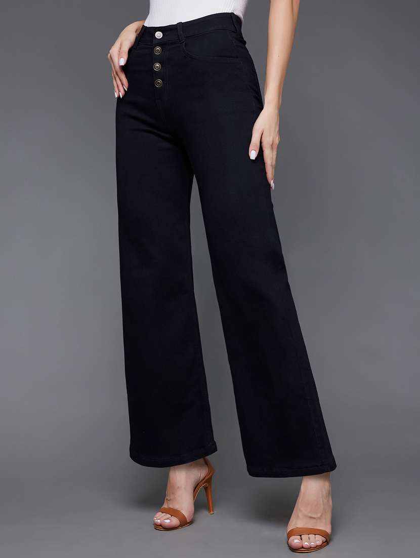 women solid high rise wide leg jeans