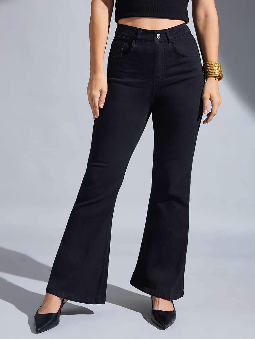 women solid high rise bootcut jeans
