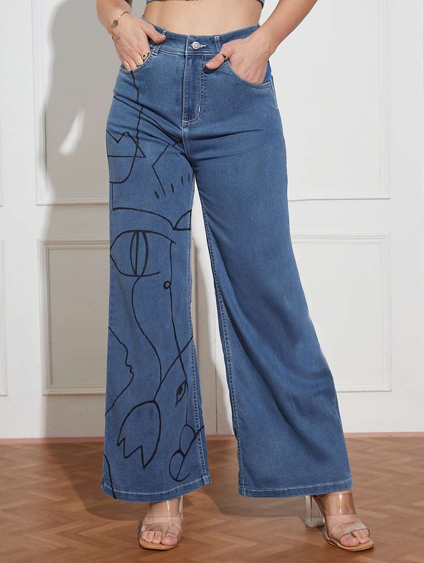 women printed high rise wide leg jeans