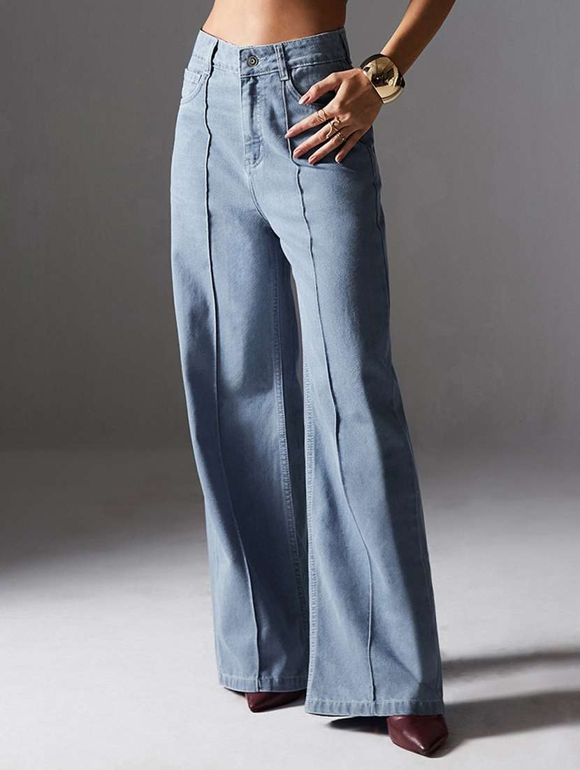 women solid high rise wide leg jeans
