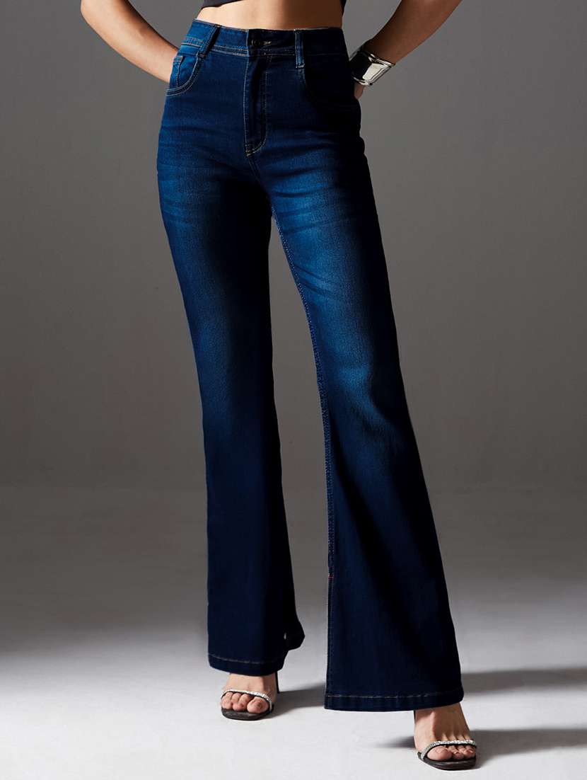 women solid high rise bootcut jeans