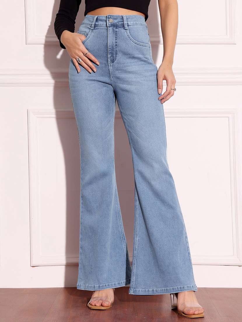 women solid high rise bootcut jeans