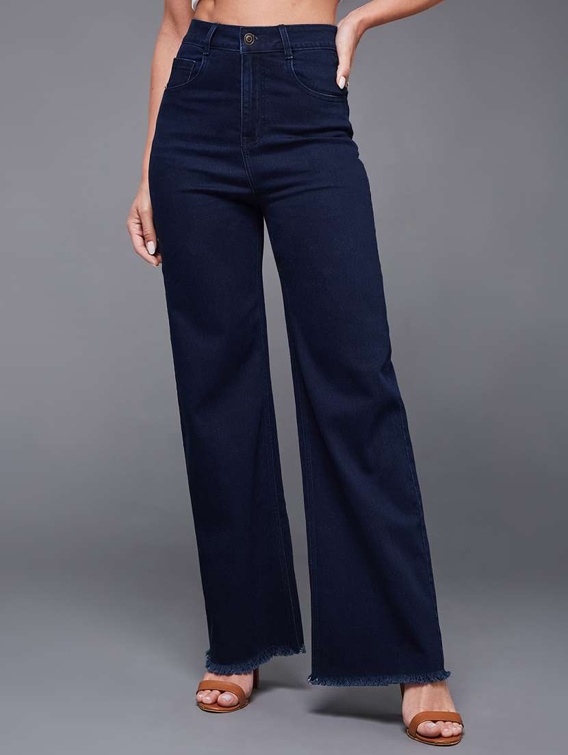 women solid high rise wide leg jeans